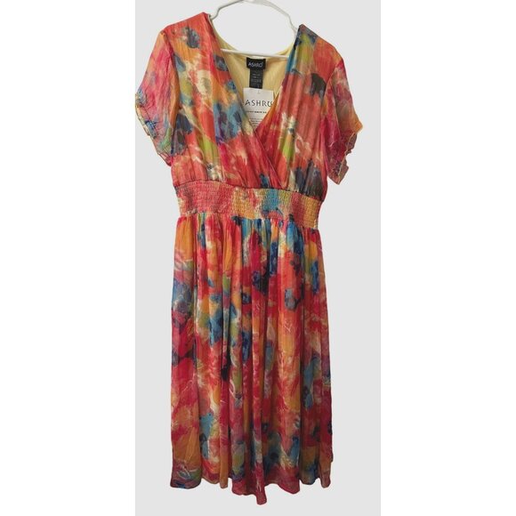 Astro Size 1X  Midi Elastic Waist Women's Multi Color Tie Die Dress - Picture 3 of 5